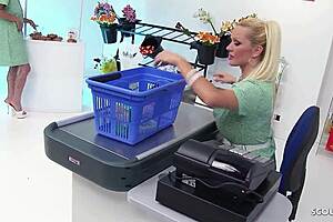 two blonde milfs with bouncing huge boobs seduce customers to mmff foursome pounding!