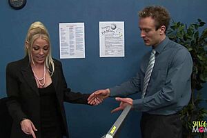 Blonde milf spreads shaved pussy wide then rides cock reverse cowgirl in office