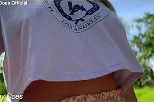 Wifey flashes big tits braless in public spots