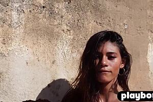 outdoor posing turns into clothes-ripped striptease revealing milf model's perfect ass and pussy