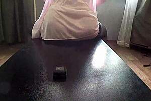 Chubby milf shows off saggy big boobs backstage with dildo