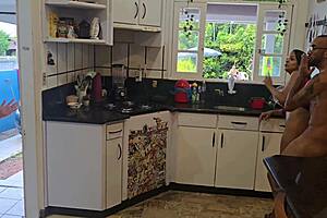 part 2: fucking hubby's friends in kitchen again while he cleans pool outside!