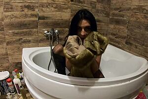 Curvy Housewife Rips Fur Coat Pantyhose for Naughty Bathtub Pee Play