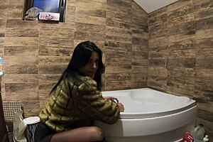 Curvy Housewife Rips Fur Coat Pantyhose for Naughty Bathtub Pee Play