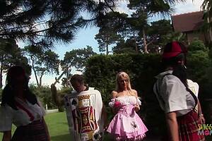 three busty blonde milfs fucked hard by two guys backyard cum swallow