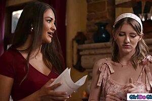 three girlfriends go wild: petite blonde licks brunette's small tits in lesbian tribbing!