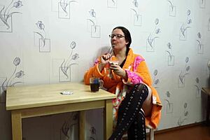 Chubby milf rubs food on big tits during intense morning shaved pussy masturbation