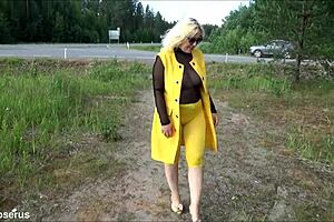 Lady struts yellow leggings through forest craving exposure
