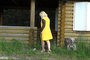 Lady struts yellow leggings through forest craving exposure