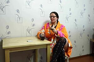 Chubby milf rubs food on big tits during intense morning shaved pussy masturbation