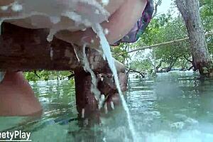 Watch her blast anal milk enema mess outdoors 😲💨