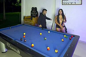 colombian teen prostitute bends over pool table for outdoor creampie doggystyle