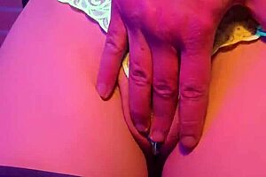 A skinny wife fingers her dripping shaved pussy before taking cum on tongue from husband