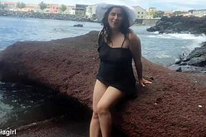 curvy brunette dresses sexy for beach photoshoot then fingers pussy voyeur style