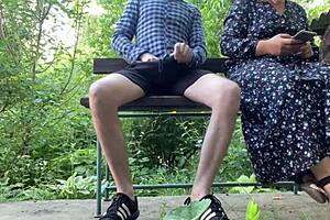 cheerful street milf jerks strangers off snapping pics outdoors